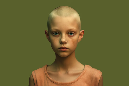 Generative AI image of portrait of preteen slim child suffering from strange disease looking at camera while standing near green wall in tonsured head