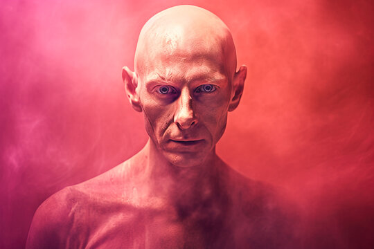 Generative AI image of portrait of adult slim male suffering from strange disease looking at camera while standing near pink wall with tonsured head