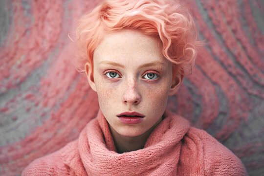 Generative AI image of portrait of serious female suffering from strange disease looking at camera while standing in warm clothes against pink curtain