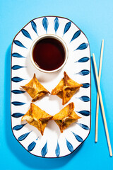 Fried wontons with soya sauce on a vibrant colorful background - 647763639