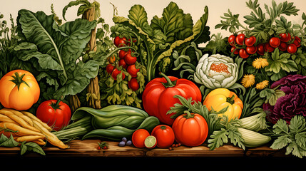Step into a world of garden bounty and splendor with this background design. The variety of vegetables, from succulent tomatoes to lush greens, is captured in exquisite detail.