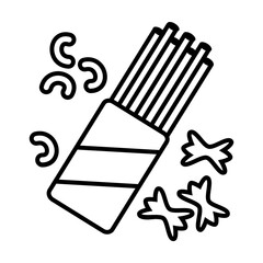 Simple outline of open pack of Italian pasta vector icon. Black line drawing or cartoon illustration of meal ingredient on white background. Food, cooking, cuisine conceptbackground