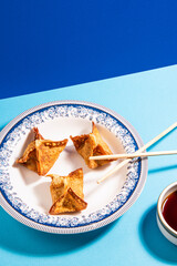 Fried wontons with soya sauce on a vibrant colorful background - 647763670