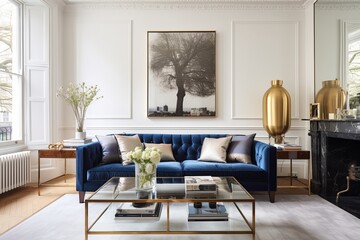cozy modern luxurious interior design of a spacious living-room with blue chester sofa, glass or marble coffee table, white walls and golden and bronze colored decorative elements