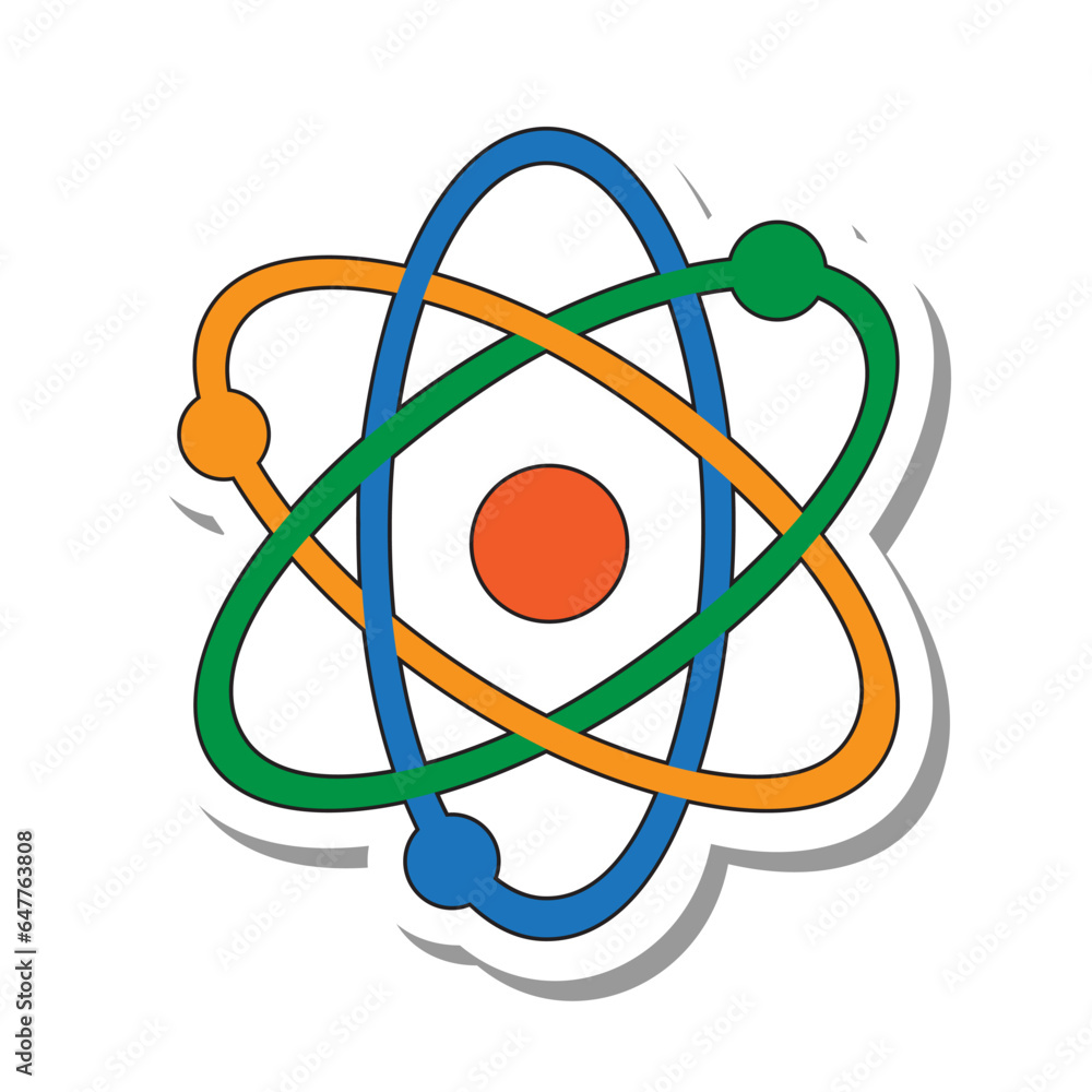 Poster physical structure of proton atom flat paper sticker. electrons flying in orbits around nucleus isol