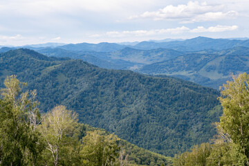 Fototapeta premium Amazing view of mountains and forest landscape with cloudy skies Altai mountains. Natural green landscapes against the background of clouds, and below the village of Manzherok, Altai Republic, Russia.