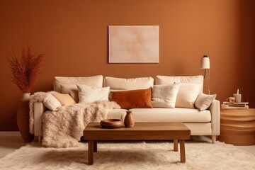 Cozy modern colorful orange interior design of a living with bright warm colors and fluffy textiles, warm autumn vibe