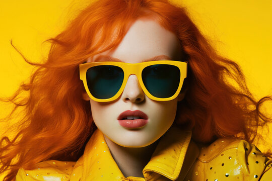 Generative AI image of portrait young female red hair looking at camera while standing with trendy sunglasses against yellow background