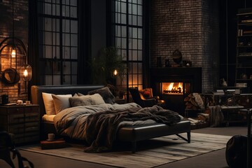Cozy modern minimalistic spacious industrial loft interior design of a bedroom with queensize bed,...