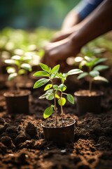 A young man hands are planting saplings and trees that grow - obrazy, fototapety, plakaty