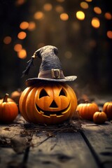 halloween background with pumpkin ghost wearing witch hat and scary forest, generative ai