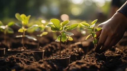 A young man hands are planting saplings and trees that grow