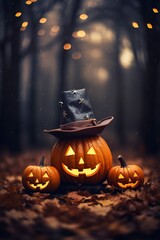 halloween background with pumpkin ghost wearing witch hat and scary forest, generative ai