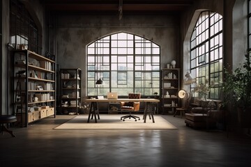 Cozy modern minimalistic spacious industrial loft interior design of a home office workspace with factory windows and concrete and wooden elements
