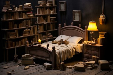 Furniture with literature and scented item in sleeping room. Generative AI