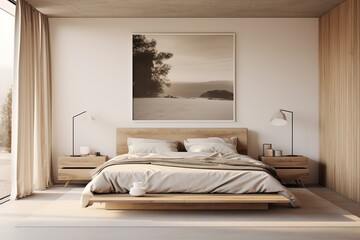 Cozy modern minimalistic scandinavian interior design of a spacious bedroom with wooden bed, concrete tiles floor, earthly tones and beige colors