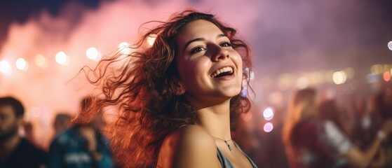 portrait Beautiful girl enjoying on music open air festival with group of millennials dancing with joy and excitement at a lively music festival on fireworks light background, Generative AI