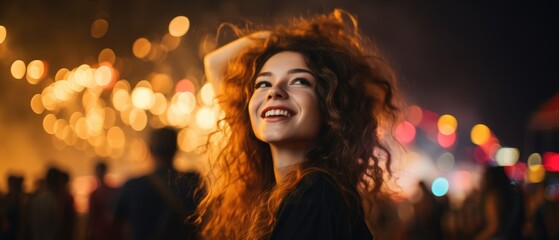 portrait Beautiful girl enjoying on music open air festival with group of millennials dancing with joy and excitement at a lively music festival on fireworks light background, Generative AI