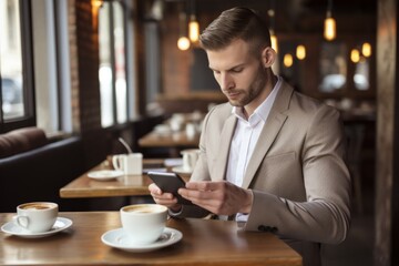 Portrait handsome attractive confident man businessman business assistant person specialist working scheduling apps looking smartphone cafe coffee break. Online job network chatting digital marketing