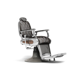 Retro black leather barber chair with chrome inserts perspective view 3d render on white