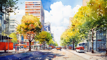 street in the city , watercolor cityscape  - obrazy, fototapety, plakaty
