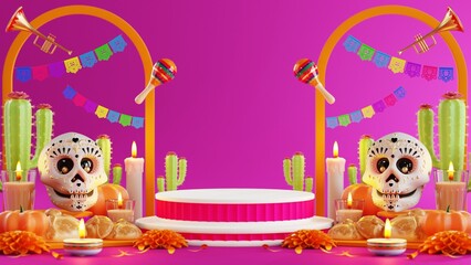 3d rendering illustration for Day of the Dead, Dia de muertos altar concept. Composition of cute sugar skulls, white candles, marigold flowers of the dead. 3d illustration.