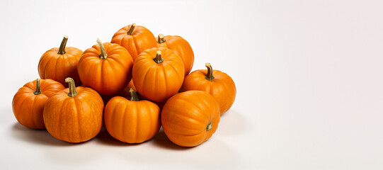 a pile of pumpikins on white background, banner with copy space