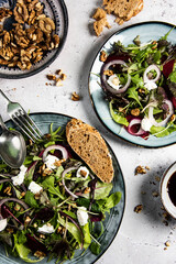 Fresh green salad, ruccola, different lettuce, cottage cheese or ,feta cheese, beetroot and seasoning with wholegrain bread