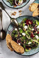 Fresh green salad, ruccola, different lettuce, cottage cheese or ,feta cheese, beetroot and seasoning with wholegrain bread - 647766200