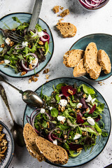 Fresh green salad, ruccola, different lettuce, cottage cheese or ,feta cheese, beetroot and seasoning with wholegrain bread - 647766230