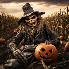 Spooky Skeleton Scarecrow Amidst Halloween Pumpkins
