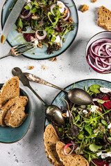 Fresh green salad, ruccola, different lettuce, cottage cheese or ,feta cheese, beetroot and seasoning with wholegrain bread - 647766265