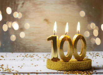 100th birthday or anniversary candle with copy space