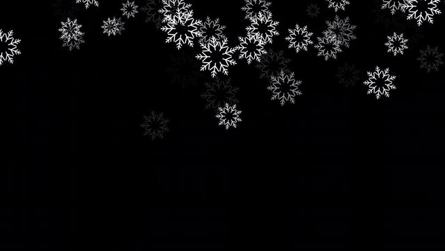 Falling snow flakes overlay. Isolated on black background or to add over your composition. Winter snow falling with alpha and 4k stock video.