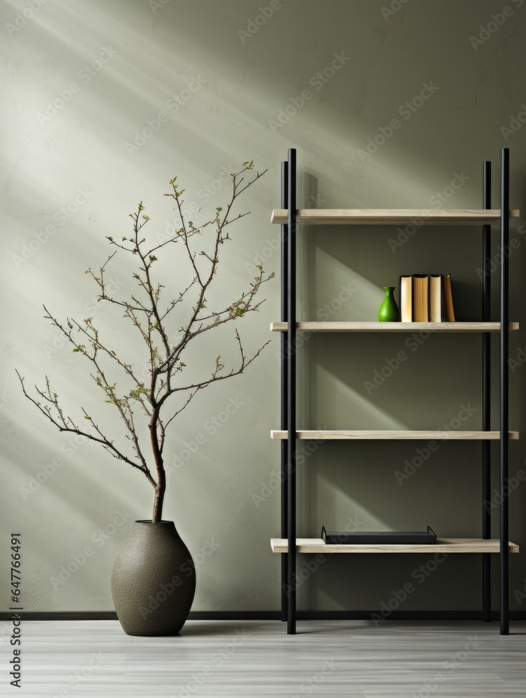 Poster a shelf with books and a tree in front of it, ai