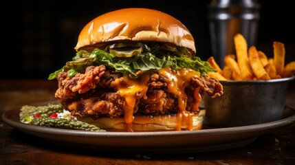 food photography cajun burger with collard greens and fried oysters, 16:9 - obrazy, fototapety, plakaty
