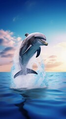dolphin jumping out of water at sunset