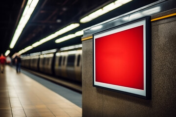 An empty blank billboard or advertising poster in an urban underground subway train station