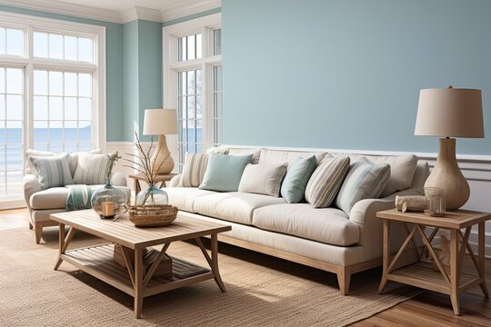 A coastal-themed living room with a nautical color palette, featuring a striped sofa, driftwood coffee table, and ocean-inspired artwork.