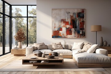 A minimalist living room bathed in soft natural light, featuring a sleek, white sectional sofa and a gallery wall of contemporary artwork.