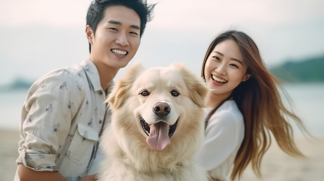 Portrait, happy and smile with a man, woman and pet golden retriever outdoor.