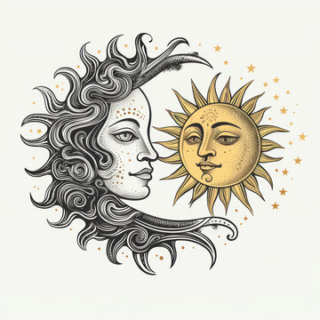 Esoteric Symbology Of The Sun And The Moon On White Background