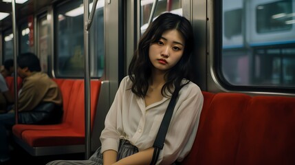 Young beautiful and happy woman in urban subway