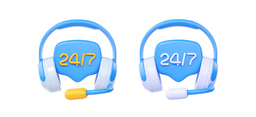 3d call center support service icon, headset with microphone concept render illustration for customer help. Online bot operator concept with white mic and message box isolated on blue background
