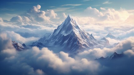 a mountain peak towering above a sea of clouds. 