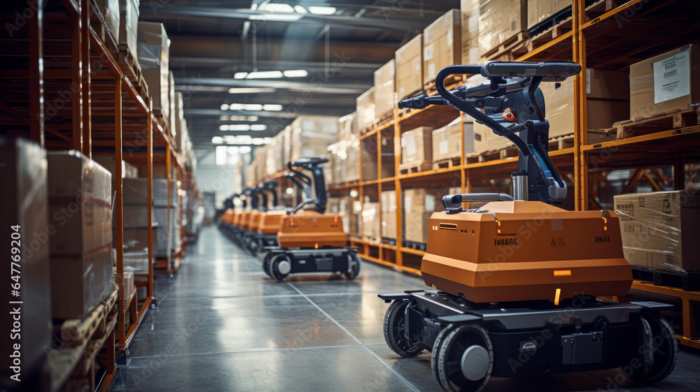 Poster automated robot carriers and robotic arm in smart distribution warehouse.