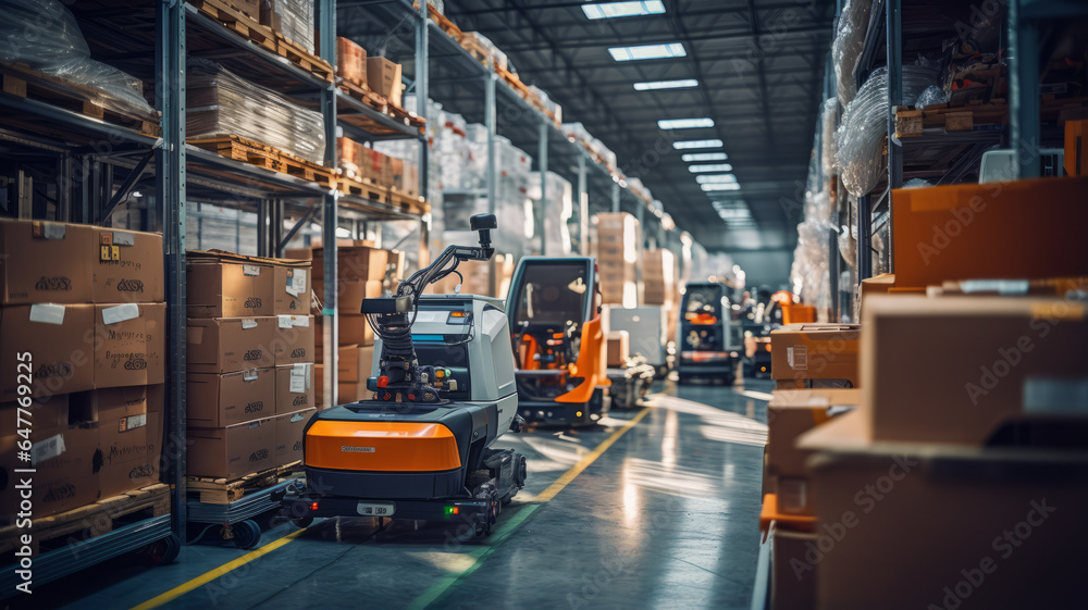 Poster automated robot carriers and robotic arm in smart distribution warehouse.