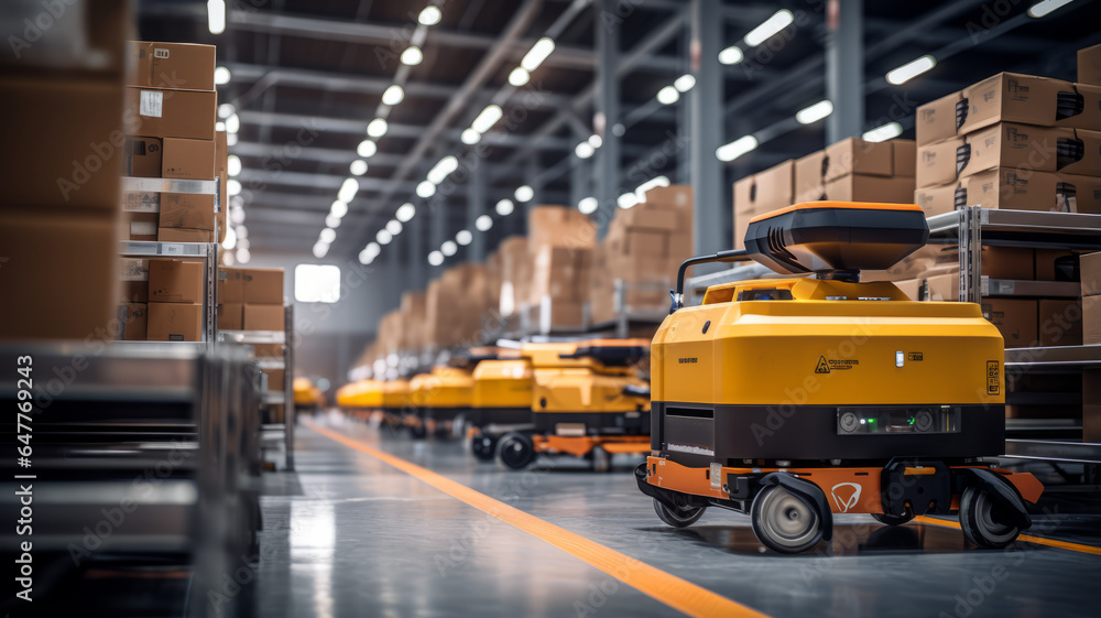 Poster automated robot carriers and robotic arm in smart distribution warehouse.