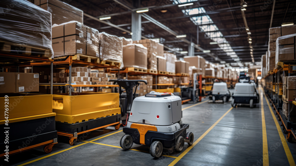 Poster automated robot carriers and robotic arm in smart distribution warehouse.