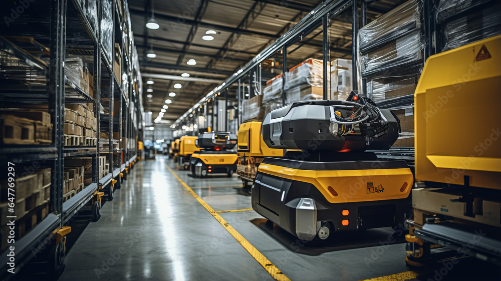 Poster automated robot carriers and robotic arm in smart distribution warehouse.